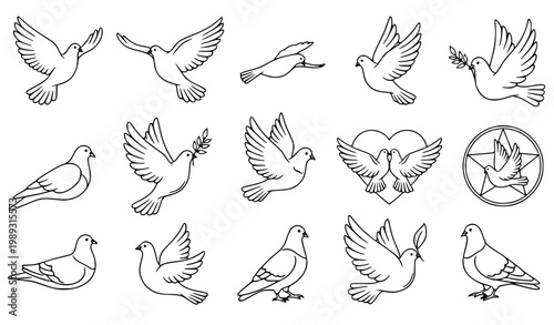 Minimal dove peace bird line art vector set with olive branch flying pigeon silhouettes Christmas spiritual symbol collection