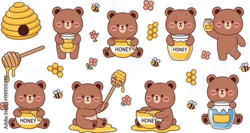 Cute teddy bear with honey set kawaii cartoon bears with honey jars and bees vector illustration