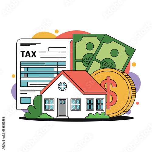 House building sits beside tax documentation and currency symbols representing real estate taxation.