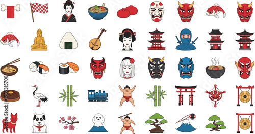 Japanese culture icons set with sushi samurai masks pagoda and traditional symbols vector illustration