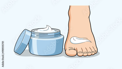 Blue jar of moisturizing white foot cream next to a human foot with a small amount of ointment applied to the skin surface.
