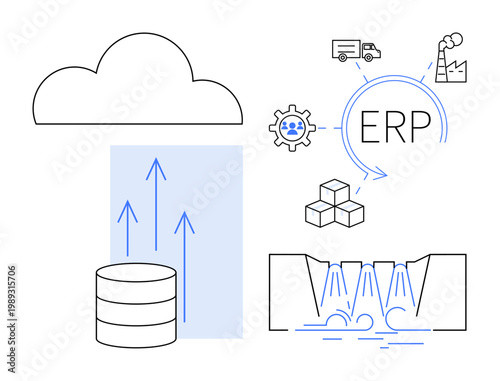 Business processes, supply chain logistics, digital transformation, cloud storage, workflow optimization, data flow. Visuals include a cloud, database gears supply chain icons. Cloud storage