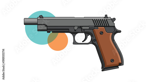 Semi automatic handgun with a dark gray slide and brown wooden grip handle displayed over colorful circular abstract shapes.