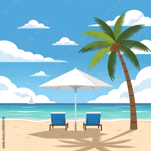 Serene beach scene with palm tree and sun loungers by ocean