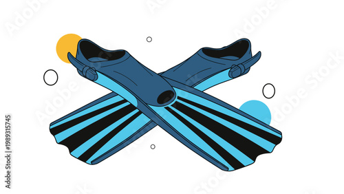 Pair of crossed blue and black swimming flippers or fins used for snorkeling and scuba diving in the ocean or pool.