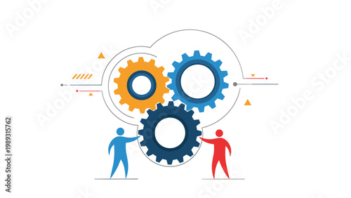 Team of two business people working together to align large industrial gears representing cooperation and mechanical efficiency.