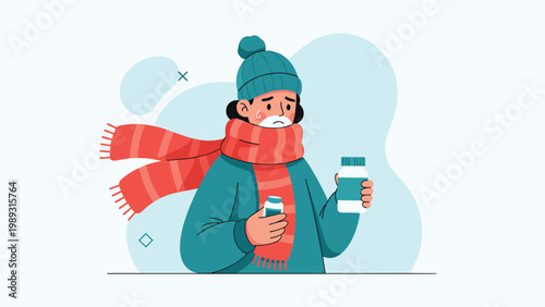 Sick person wearing a winter hat and red scarf while shivering and holding two bottles of medicine in their hands.