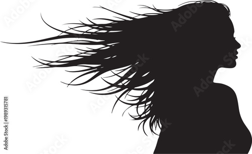 Black silhouette, woman profile, windy hair, vector icon, hair blowing