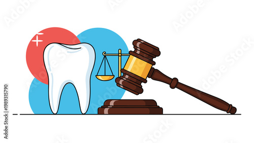 Large white molar tooth placed next to a legal gavel and golden scales of justice symbolizing dental law and medical litigation.