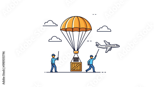 Cargo package being delivered by a parachute from a plane while ground crew members guide the landing with signaling sticks.