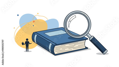 Giant magnifying glass placed on top of a closed blue book while a tiny human figure stands nearby searching for information.