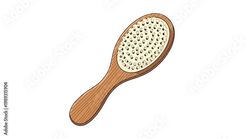 Traditional wooden hairbrush with natural bristles for hair care and styling shown in a detailed vector illustration style.