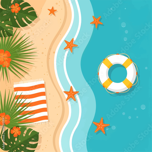 Beach scene with towel lifebuoy and starfish on sandy shore