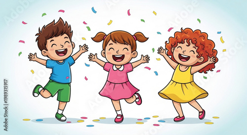 Happy children jumping with confetti joyful kids celebrating colorful festive scene