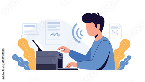 Professional man working at a desk using a printer to output charts and documents with wireless signal icons and abstract leaves.