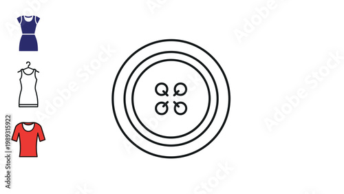 Large round clothing button with four holes shown alongside several dress and shirt icons representing sewing and tailoring.