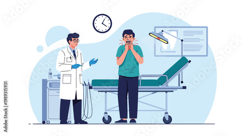 Male patient in green scrubs experiencing severe toothache while consulting a medical doctor in a modern clinical setting.