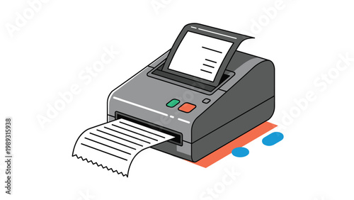 Compact thermal receipt printer spitting out a long printed paper strip on a surface with colorful abstract background shapes.