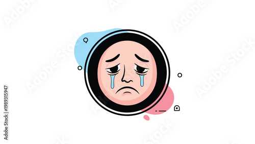 Sad character face illustration with tears streaming down cheeks and a sorrowful expression on an abstract background.