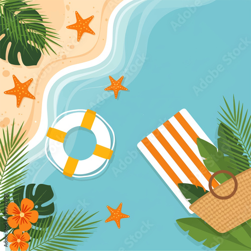 Summer beach scene with tropical leaves and lifebuoy