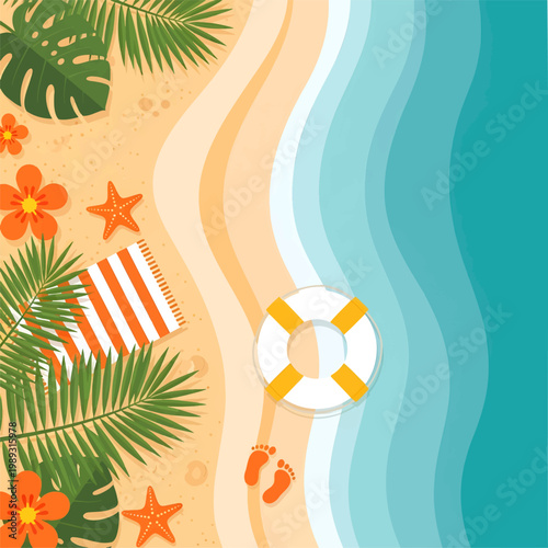 Beach scene with tropical leaves and lifebuoy by ocean shore
