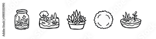 Collection of hand-drawn terrarium and plant icons: jar, landscape, pot, plant, moss