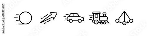 Line art icons of motion and physics: rolling ball, arrow, car, train, pendulum