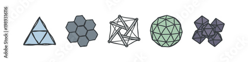Color icons of geometric shapes and structures: pyramid, hexagon, truss, sphere, cluster