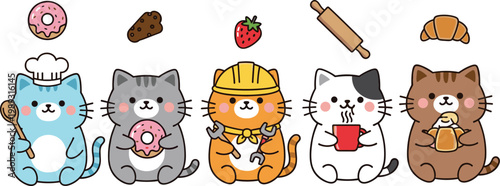 Cute cat characters with food and drinks set kawaii cartoon kittens vector illustration