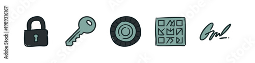 Padlock, Key, Rotary Dial, Cryptogram, and Signature Icons: Color