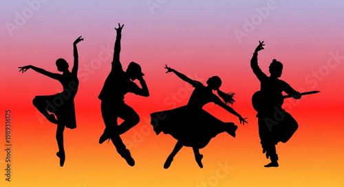 Four silhouetted ballet dancers in various poses against vibrant sunset background with gradient sky