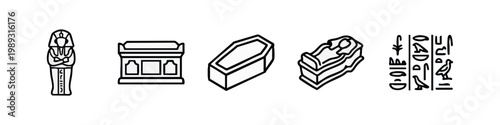 Treasure Chest, Sarcophagus, Mummy, and Hieroglyphs Icons: Line Art