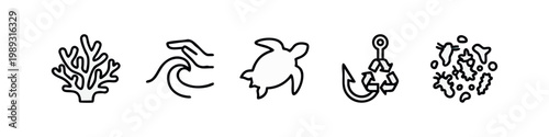 Outline icons: Coral, wave, turtle, fishing hook with recycle symbol, plankton