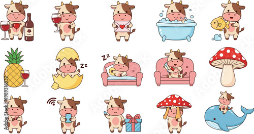 Cute cow characters set kawaii cartoon cows in different activities vector illustration
