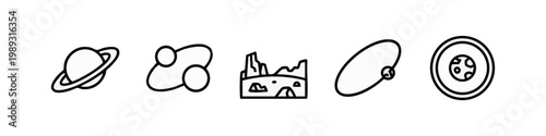 Outline icons: Saturn, orbiting objects, rocky planet surface, planetary orbit, planet