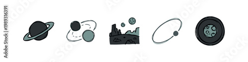 Color icons: Saturn, orbiting objects, rocky planet surface, planetary orbit, planet