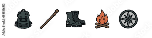 Colored icons for outdoor adventure: backpack, walking stick, boots, campfire, compass