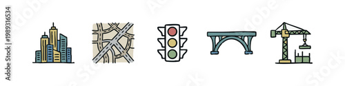 Colorful city and construction icons: skyscraper, highway map, traffic light, bridge, crane