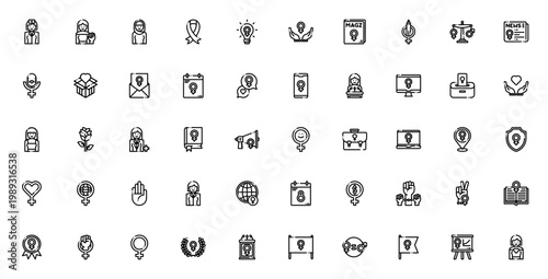 Feminism icon set. Vector symbol collection. Includes nurse, muslim, vote, equality, protest, venus, woman and more. Thin line editable icons.