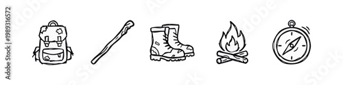 Outdoor and adventure icons: backpack, walking stick, boots, campfire, compass