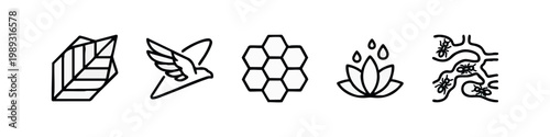 Monochromatic icons for nature and insect themes: leaf, bird, honeycomb, flower, ants