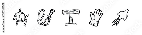 Hand-Drawn Falconry Equipment and Bird of Prey Icons.