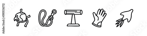 Set of 5 simple icons: falcon hood, leash, dumbbell, glove, squid
