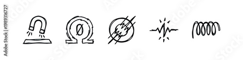 Set of 5 physics icons: magnet, ohm, lightning, waveform, coil