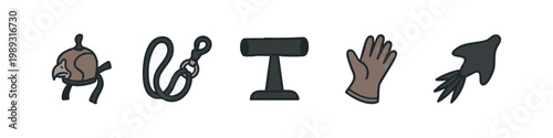 Set of 5 icons with color: falcon hood, leash, dumbbell, glove, squid