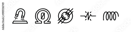 Set of 5 physics icons with color: magnet, ohm, lightning, waveform, coil