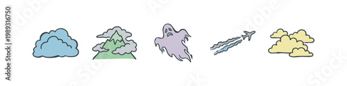 Set of 5 natural phenomenon icons: rock, mountain, ghost, ship, smoke