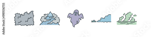Set of 5 natural phenomenon icons with color: cloud, volcano, ghost, wind, clouds