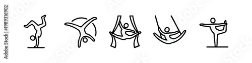 Gymnastics and aerial acrobatics icons: handstand, flip, aerial silks, swing, yoga pose (outline)