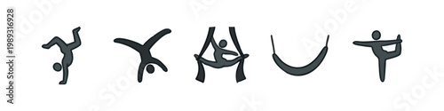 Gymnastics and aerial acrobatics icons: handstand, flip, aerial silks, swing, yoga pose (colored)